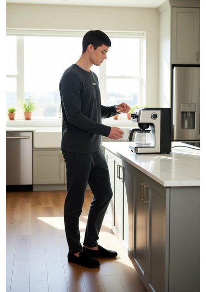 Erkek Antrasit Bisiklet Yaka Baskılı Uzun Kollu Pijama Takımı Fonksiyonel Dayanıklı Modern fiyatları