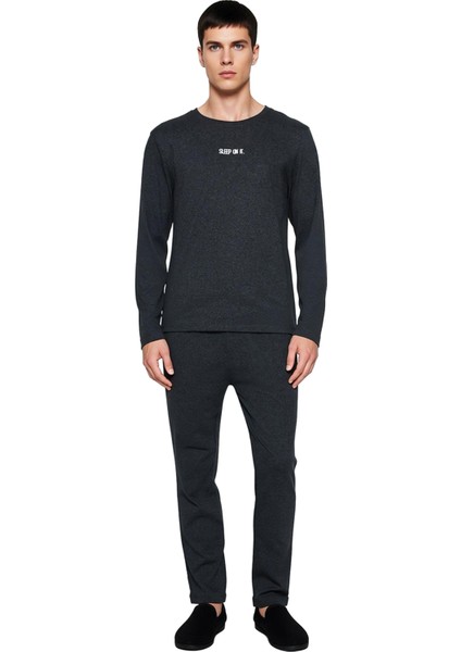 Erkek Antrasit Bisiklet Yaka Baskılı Uzun Kollu Pijama Takımı Fonksiyonel Dayanıklı Modern fırsatları