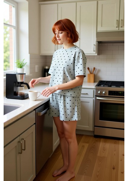 Kadın Puantiyeli Kalpli Pijama Takımı Fonksiyonel Dayanıklı Kaliteli Konforlu Estetik Spor