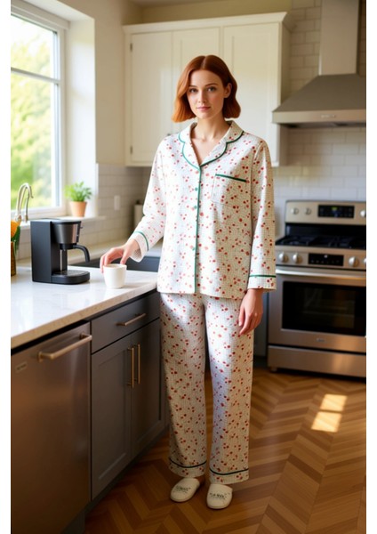 Kadın Çiçekli Gömlek Yaka Uzun Kollu Pijama Takımı Fonksiyonel Dayanıklı Kaliteli Konforlu