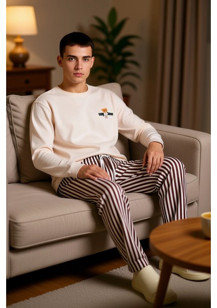 Erkek Ayıcık Baskılı Bisiklet Yaka Uzun Kollu Pijama Takımı Fonksiyonel Dayanıklı Kaliteli