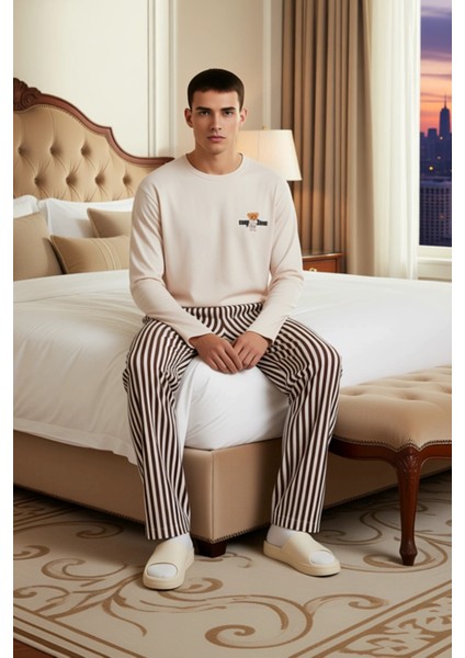 Erkek Ayıcık Baskılı Bisiklet Yaka Uzun Kollu Pijama Takımı Fonksiyonel Dayanıklı Kaliteli modelleri