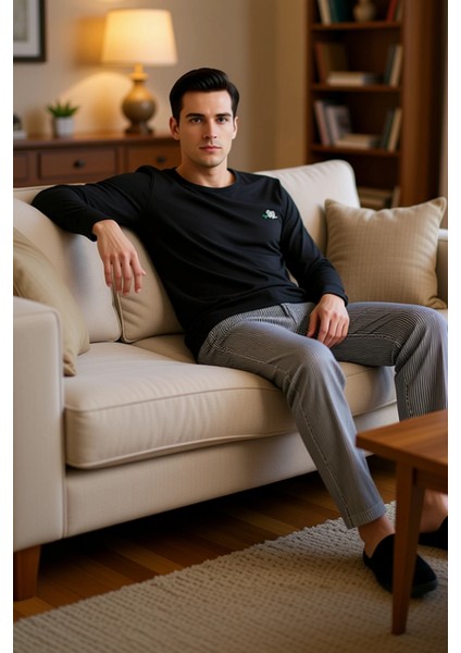 Erkek Nakışlı Bisiklet Yaka Uzun Kollu Pijama Takımı Fonksiyonel Dayanıklı Kaliteli Modern