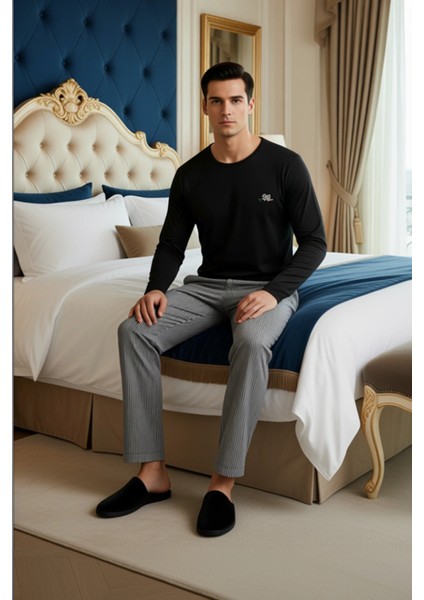 Erkek Nakışlı Bisiklet Yaka Uzun Kollu Pijama Takımı Fonksiyonel Dayanıklı Kaliteli Modern modelleri