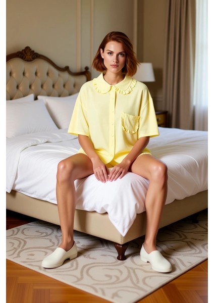 Kadın Viskon Dokuma Pijama Takımı Fırfırlı Detaylı Fonksiyonel Dayanıklı Kaliteli Konforlu