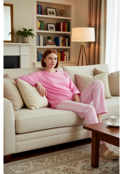 Kadın Çizgili Pamuklu Pijama Takımı Fonksiyonel Dayanıklı Kaliteli Konforlu Estetik Modern