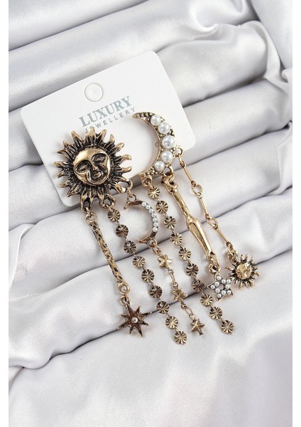 Bfs Pirinç Zirkon Taşlı Güneş ve Ay Figürlü Eskitme Model Sallantılı Küpe