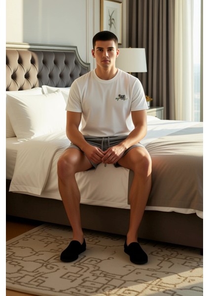 Erkek Çizgili Şortlu Pijama Takımı Köpek Detaylı Fonksiyonel Dayanıklı Kaliteli Konforlu Şık