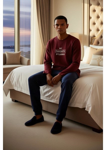 Erkek Slogan Baskılı Sweatshirt ve Pantolon Pijama Takımı Fonksiyonel Dayanıklı Kaliteli Şık