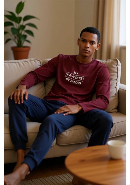 Erkek Slogan Baskılı Sweatshirt ve Pantolon Pijama Takımı Fonksiyonel Dayanıklı Kaliteli Şık modelleri