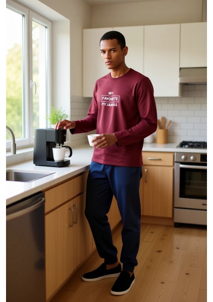 Erkek Slogan Baskılı Sweatshirt ve Pantolon Pijama Takımı Fonksiyonel Dayanıklı Kaliteli Şık fırsatları