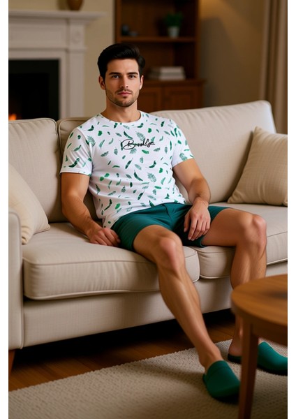 Erkek Yaprak Desenli Bisiklet Yaka Kısa Kollu Pijama Takımı Fonksiyonel Dayanıklı Kaliteli