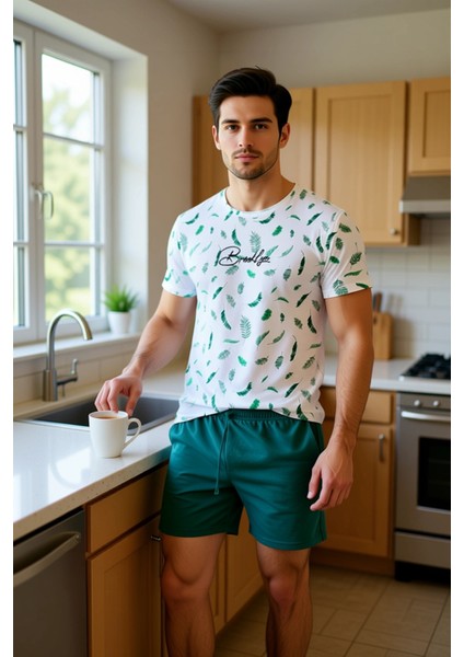 Erkek Yaprak Desenli Bisiklet Yaka Kısa Kollu Pijama Takımı Fonksiyonel Dayanıklı Kaliteli fiyatları