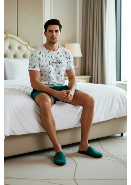 Erkek Yaprak Desenli Bisiklet Yaka Kısa Kollu Pijama Takımı Fonksiyonel Dayanıklı Kaliteli modelleri