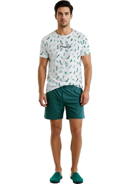 Erkek Yaprak Desenli Bisiklet Yaka Kısa Kollu Pijama Takımı Fonksiyonel Dayanıklı Kaliteli fırsatları