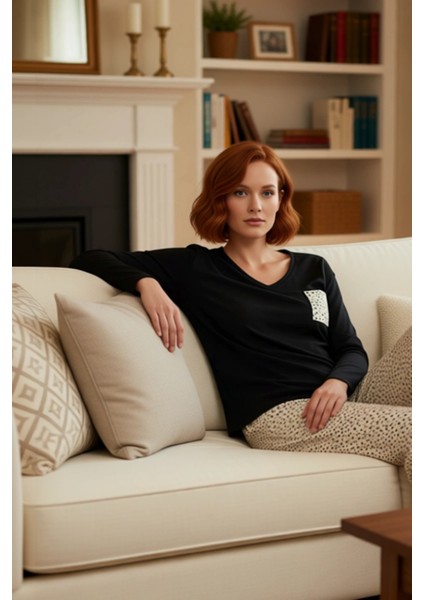 Kadın V Yaka Uzun Kollu Leopar Cep Detaylı Pijama Takımı Fonksiyonel Dayanıklı Kaliteli Şık