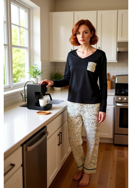Kadın V Yaka Uzun Kollu Leopar Cep Detaylı Pijama Takımı Fonksiyonel Dayanıklı Kaliteli Şık fiyatları