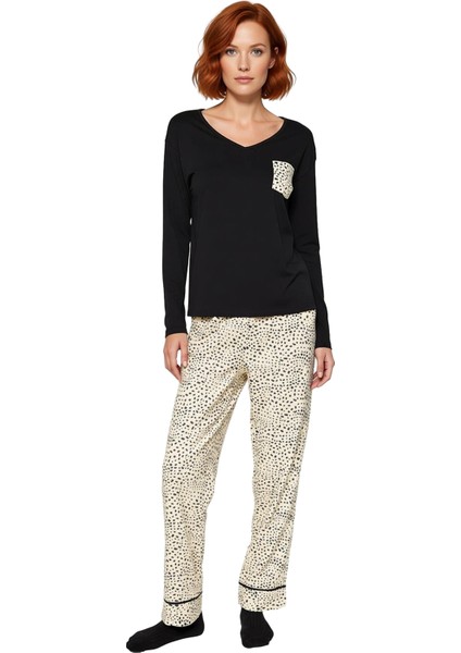 Kadın V Yaka Uzun Kollu Leopar Cep Detaylı Pijama Takımı Fonksiyonel Dayanıklı Kaliteli Şık fırsatları