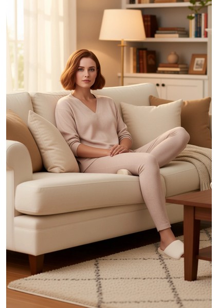 Kadın Yumoş V Yaka Uzun Kollu Pijama Takımı Fonksiyonel Dayanıklı Kaliteli Konforlu Modern
