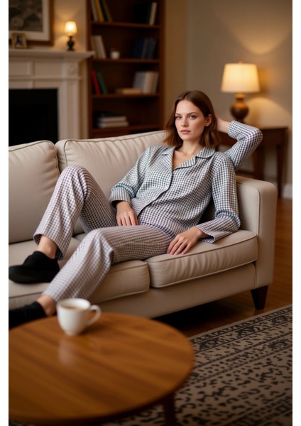 Kadın Ekose Flanel Gömlek Pantolon Pijama Takımı Fonksiyonel Dayanıklı Kaliteli Konforlu Şık