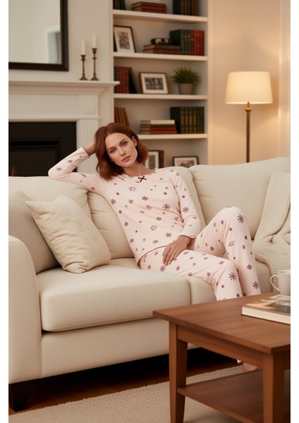 Kadın Pudra Kar Tanesi Desenli Waffle Pijama Takımı Fonksiyonel Dayanıklı Kaliteli Estetik