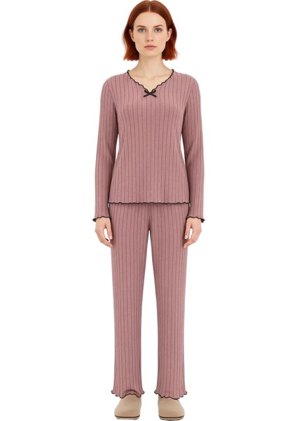 Kadın Fitilli Örme V Yaka Pijama Takımı Baby Overlok Detaylı Fonksiyonel Dayanıklı Estetik fırsatları