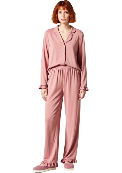 Kadın Gömlek Yaka Volan Detaylı Pijama Takımı Fonksiyonel Dayanıklı Kaliteli Konforlu Spor fırsatları