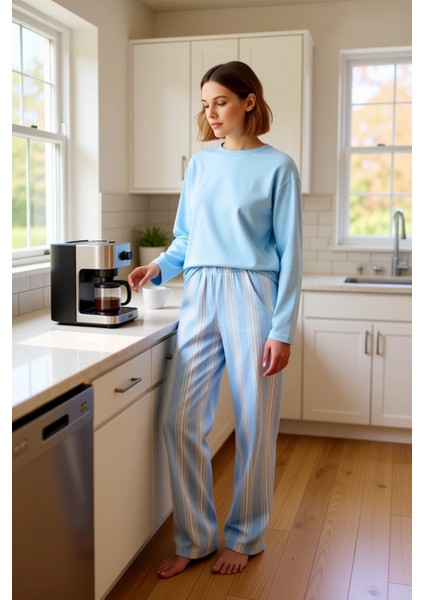 Kadın Kışlık Antrasit Çizgili Pamuklu Pijama Fonksiyonel Dayanıklı Kaliteli Konforlu Rahat