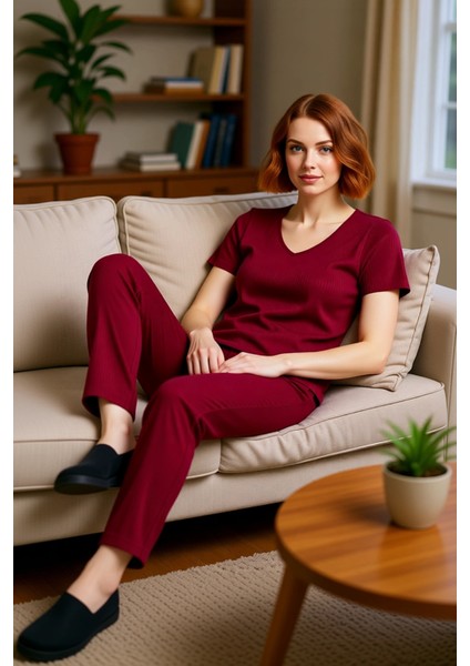Kadın V Yaka Fitilli Örme Pijama Takımı Fonksiyonel Dayanıklı Kaliteli Konforlu Estetik Şık