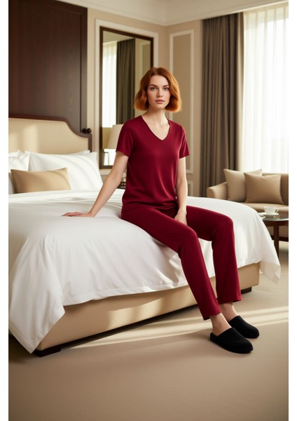 Kadın V Yaka Fitilli Örme Pijama Takımı Fonksiyonel Dayanıklı Kaliteli Konforlu Estetik Şık modelleri