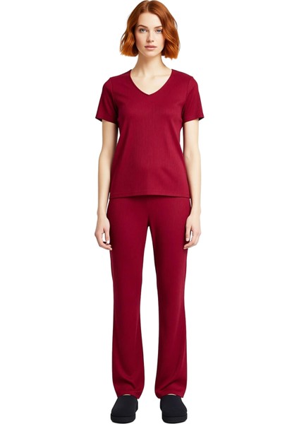 Kadın V Yaka Fitilli Örme Pijama Takımı Fonksiyonel Dayanıklı Kaliteli Konforlu Estetik Şık fırsatları