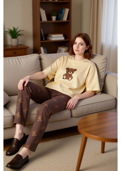 Kadin Antrasit Ayicik Baskılı Bisiklet Yaka Pijama Takımı Fonksiyonel Dayanıklı Kaliteli Şık