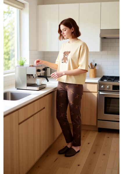 Kadin Antrasit Ayicik Baskılı Bisiklet Yaka Pijama Takımı Fonksiyonel Dayanıklı Kaliteli Şık fiyatları