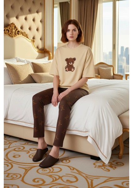 Kadin Antrasit Ayicik Baskılı Bisiklet Yaka Pijama Takımı Fonksiyonel Dayanıklı Kaliteli Şık modelleri