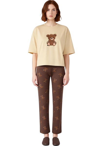 Kadin Antrasit Ayicik Baskılı Bisiklet Yaka Pijama Takımı Fonksiyonel Dayanıklı Kaliteli Şık fırsatları