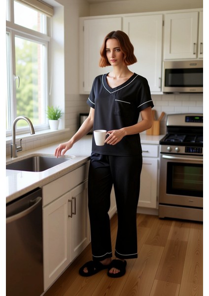 Kadın V Yaka Saten Dokuma Pijama Takımı Fonksiyonel Dayanıklı Kaliteli Konforlu Estetik Şık fiyatları