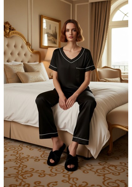 Kadın V Yaka Saten Dokuma Pijama Takımı Fonksiyonel Dayanıklı Kaliteli Konforlu Estetik Şık modelleri