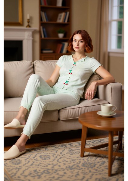 V Yaka Kiraz Detaylı Fitilli Örme Kadın Pijama Takımı Fonksiyonel Dayanıklı Kaliteli Rahat