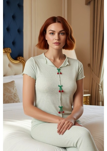 V Yaka Kiraz Detaylı Fitilli Örme Kadın Pijama Takımı Fonksiyonel Dayanıklı Kaliteli Rahat modelleri