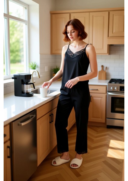 Kadın Viskon Dantel Detaylı Lounge Pijama Takımı Fonksiyonel Dayanıklı Kaliteli Konforlu Şık indirimleri