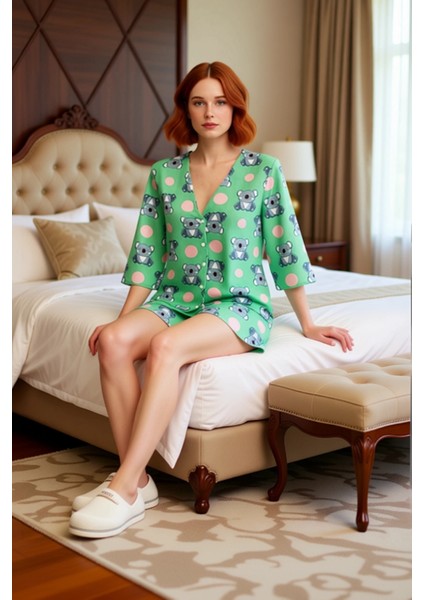 Kadın Viskon Pijama Takımı Sevimli Koala Desenli Fonksiyonel Dayanıklı Kaliteli Konforlu Şık