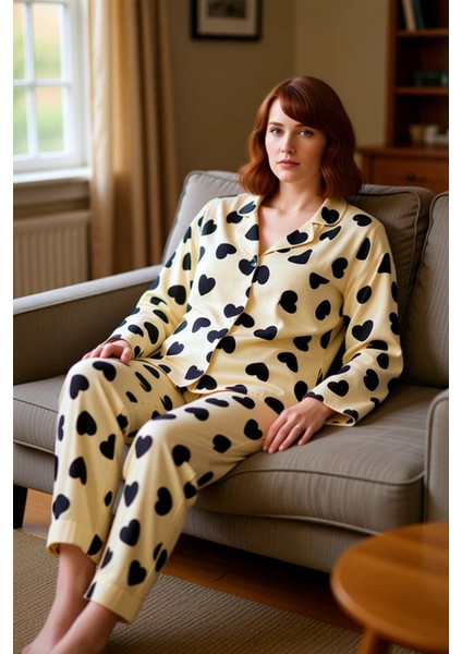Kadın Kalp Desenli Gömlek Yaka Pijama Takımı Fonksiyonel Dayanıklı Kaliteli Konforlu Rahat