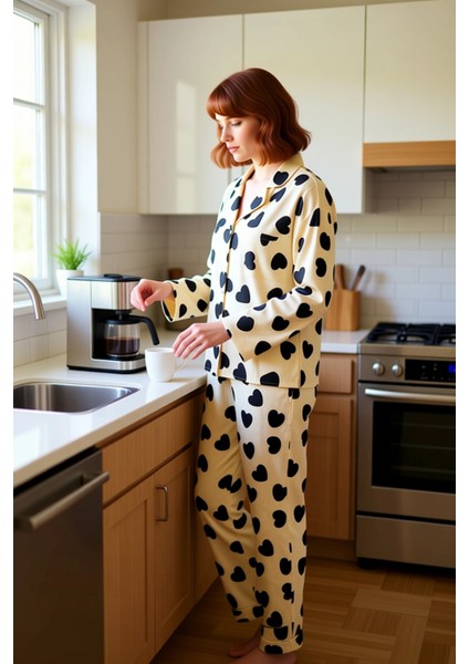 Kadın Kalp Desenli Gömlek Yaka Pijama Takımı Fonksiyonel Dayanıklı Kaliteli Konforlu Rahat fiyatları