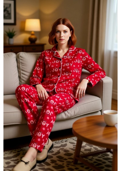 Kadin Kirmizi Hayvan Desenli Polar Pijama Takımı Fonksiyonel Dayanıklı Kaliteli Konforlu Şık