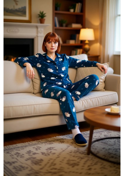 Kadın Petrol Penguen Desenli Polar Pijama Takımı Fonksiyonel Dayanıklı Kaliteli Konforlu Şık