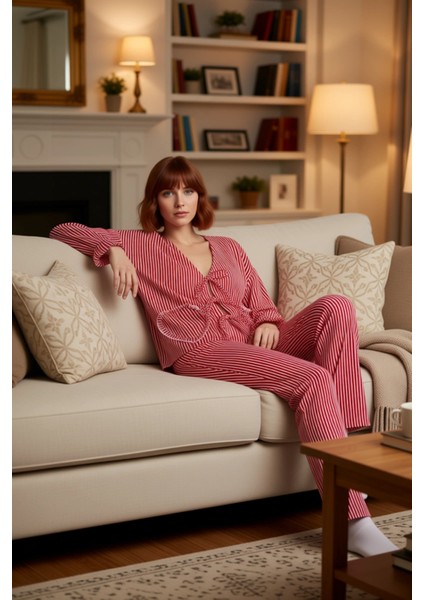 Kadin Kirmizi Cizgili Viskon Dokuma Pijama Takımı Fonksiyonel Dayanıklı Kaliteli Konforlu Şık