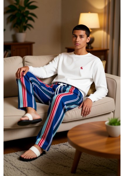 Erkek Bisiklet Yaka Uzun Kollu Çizgili Pijama Takımı Fonksiyonel Dayanıklı Kaliteli Modern