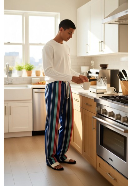 Erkek Bisiklet Yaka Uzun Kollu Çizgili Pijama Takımı Fonksiyonel Dayanıklı Kaliteli Modern fiyatları