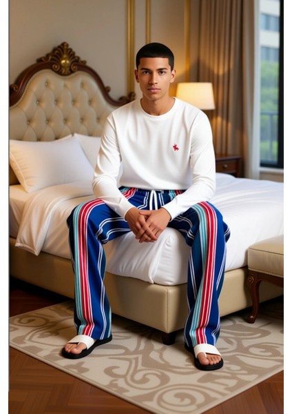 Erkek Bisiklet Yaka Uzun Kollu Çizgili Pijama Takımı Fonksiyonel Dayanıklı Kaliteli Modern modelleri