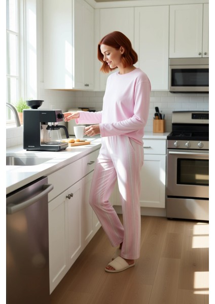 Kadın Kışlık Antrasit Çizgili Pamuklu Pijama Fonksiyonel Dayanıklı Kaliteli Konforlu Rahat